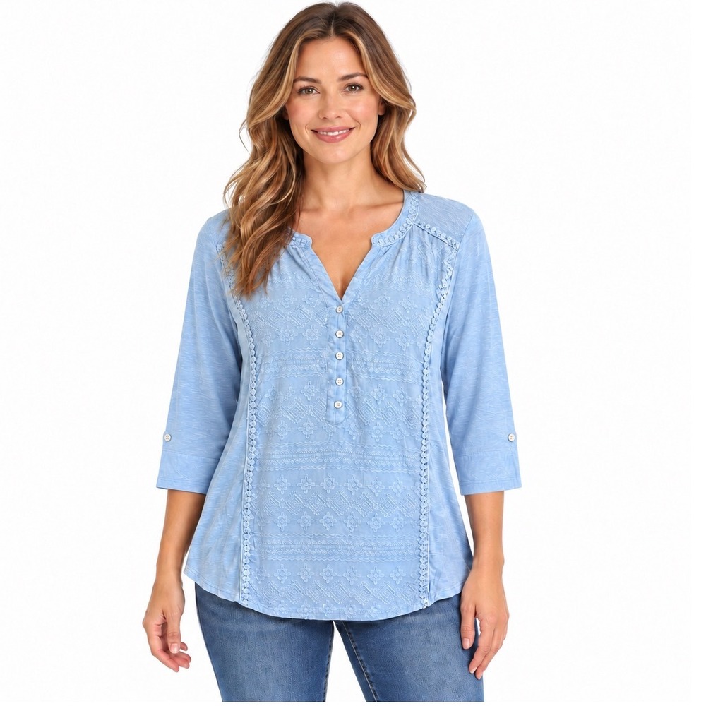 Democracy 2X Light Blue Embroidered Henley 3/4 Roll-Tab Sleeve Top Stretch